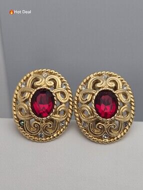 Vendome Coro Gold Tone Filigree Ruby Red Crystal Clip-On Earrings 1 1/8''